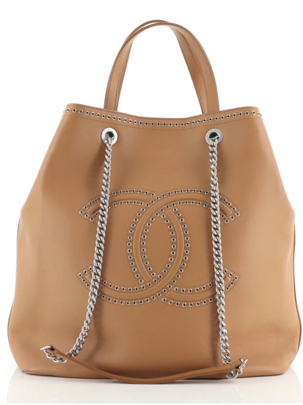 CHANEL Tan Leather Tote with Silver Chain and CC Eyelet Detail
